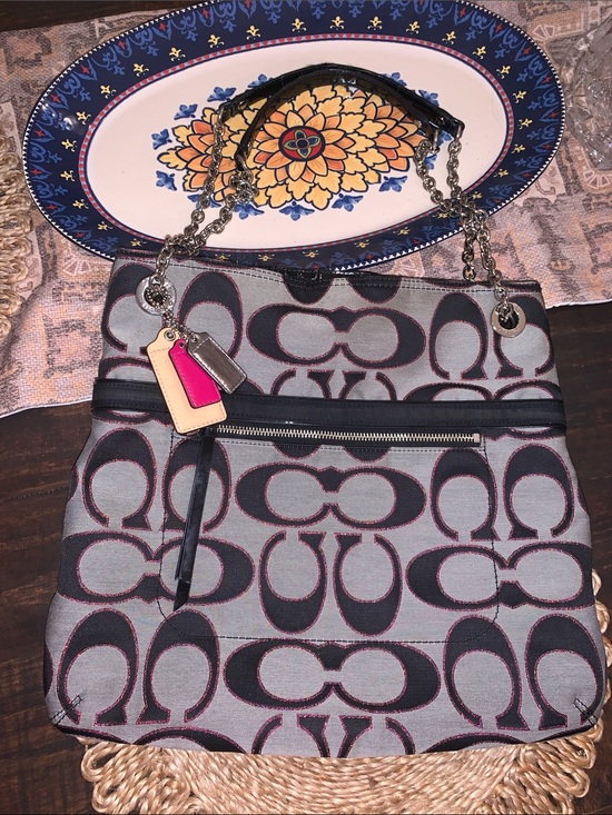 Coach Handbags - Coach Poppy Signature Grey and Black Tote with Pink Accents & 3 Hang Tags